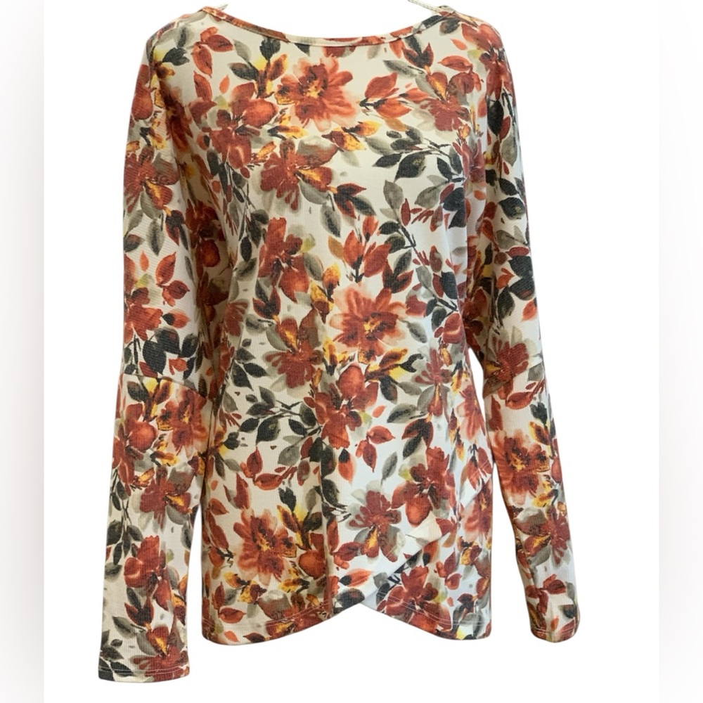 NWT, AGB, Fall Tunic Pullover Tan, Orange Floral‎ Top, Scalloped Front Bottom XL - Picture 3 of 5